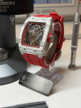 TX-01 /  TOURBILLON VOLANT - Lunette Carbon Blanc Boitier Acier 316L Cadran Rouge Carmin /Bracelet Rouge Carmin