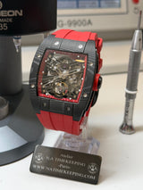 TX-01 / - TOURBILLON VOLANT - Boitier Noir Lunette CARBON Noir 316L Cadran ROUGE/Bracelet ROUGE