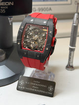 TX-01 / - TOURBILLON VOLANT - Boitier Noir Lunette CARBON Noir 316L Cadran ROUGE/Bracelet ROUGE