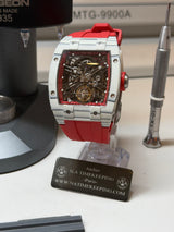 TX-01 /  TOURBILLON VOLANT - Lunette Carbon Blanc Boitier Acier 316L Cadran Rouge Carmin /Bracelet Rouge Carmin