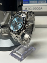Seiko MOD - Daytona Lunette céramique NOIR cadran ice blue platine Bracelet Acier