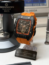 TX-01 / - TOURBILLON VOLANT - Boitier Noir Lunette CARBON Noir Cadran Orange Flare/Bracelet Orange Aiguilles Or rose