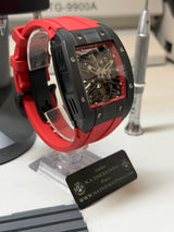 TX-01 / - TOURBILLON VOLANT - Boitier Noir Lunette CARBON Noir 316L Cadran ROUGE/Bracelet ROUGE