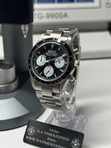 N.A - Chronographe 37mm vintage Racing Lunette alu cadran Blanc "PANDA" Bracelet Acier