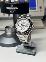 RELAX - Chronographe Racing Lunette céramique cadran Blanc "PANDA" Bracelet Acier