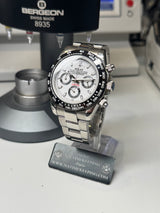 RELAX - Chronographe Racing Lunette céramique cadran Blanc "PANDA" Bracelet Acier