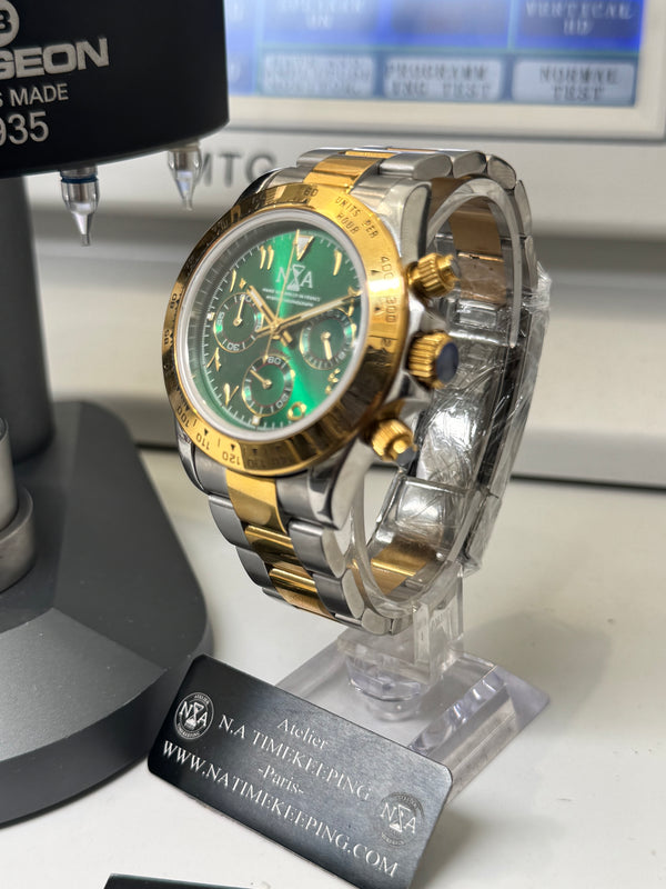 N.A - Chronographe Racing Lunette OR cadran NOIR - BI TON PVD OR/ACIER Cadran Vert Arabic