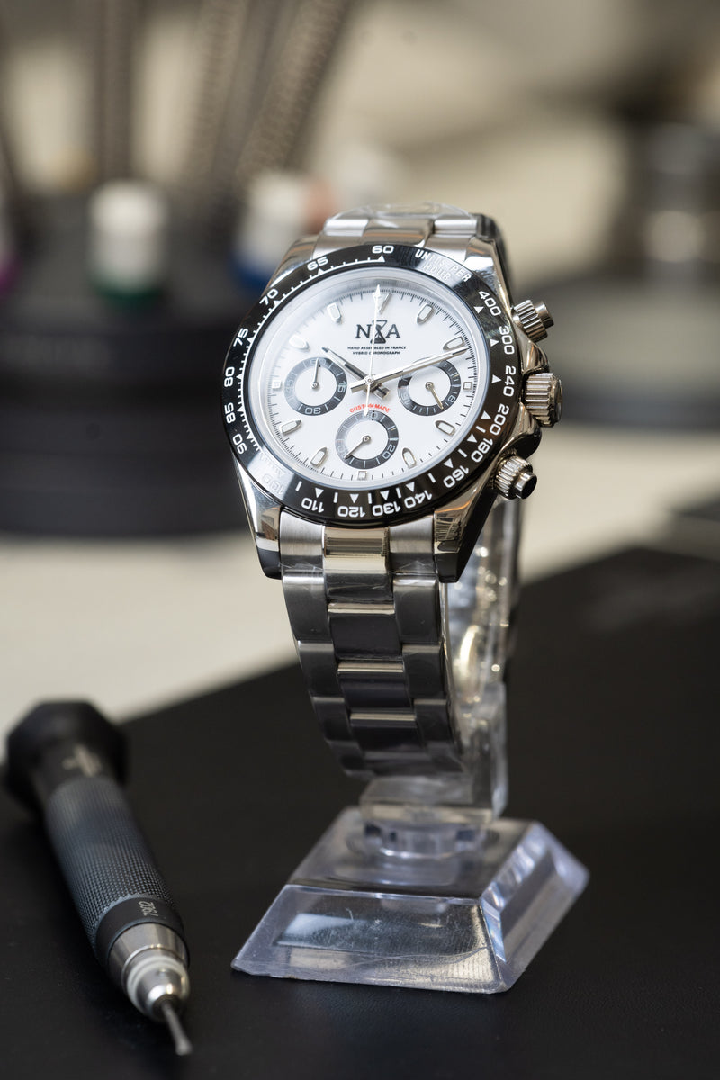 N.A - Chronographe Racing Lunette céramique cadran Blanc "PANDA" Bracelet Acier